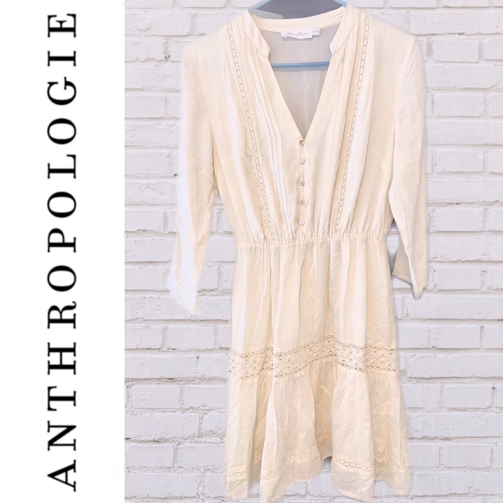 All In Favor Boho Beige Cream Ivory Crochet Lace Trim Button Front Mini Dress